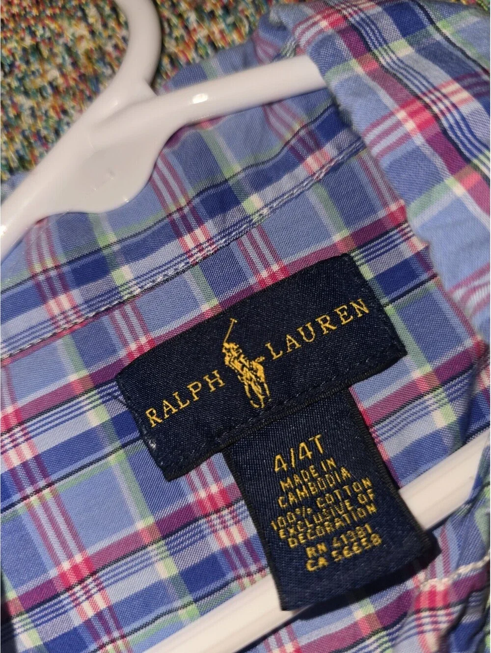 Ralph Lauren Boys Blue Pink Plaid Button Down Shirt Blue Pony Logo Size 4/4T